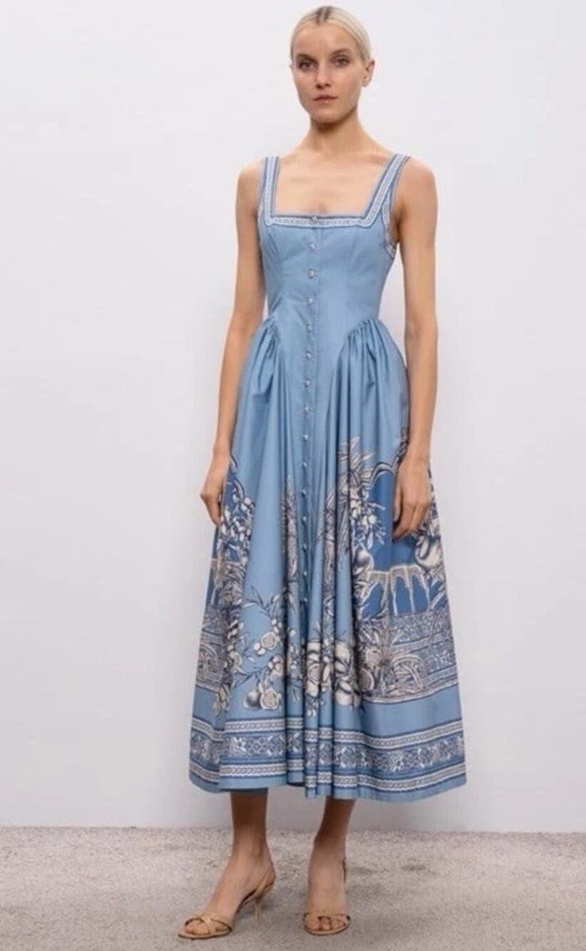 ALEMAIS Midi Dress Villa Romantica $650 Sz US 0 Cotton Blue Sleeveless Dress NWT